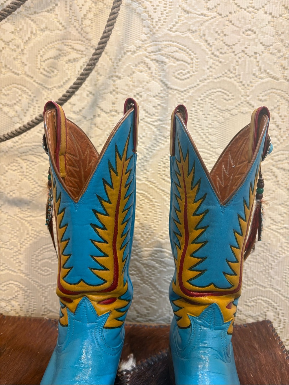 Hand Painted TonyLama Turquoise and Yellow Western Feathered Cowboy Boots size 8 - Picture 4 of 16